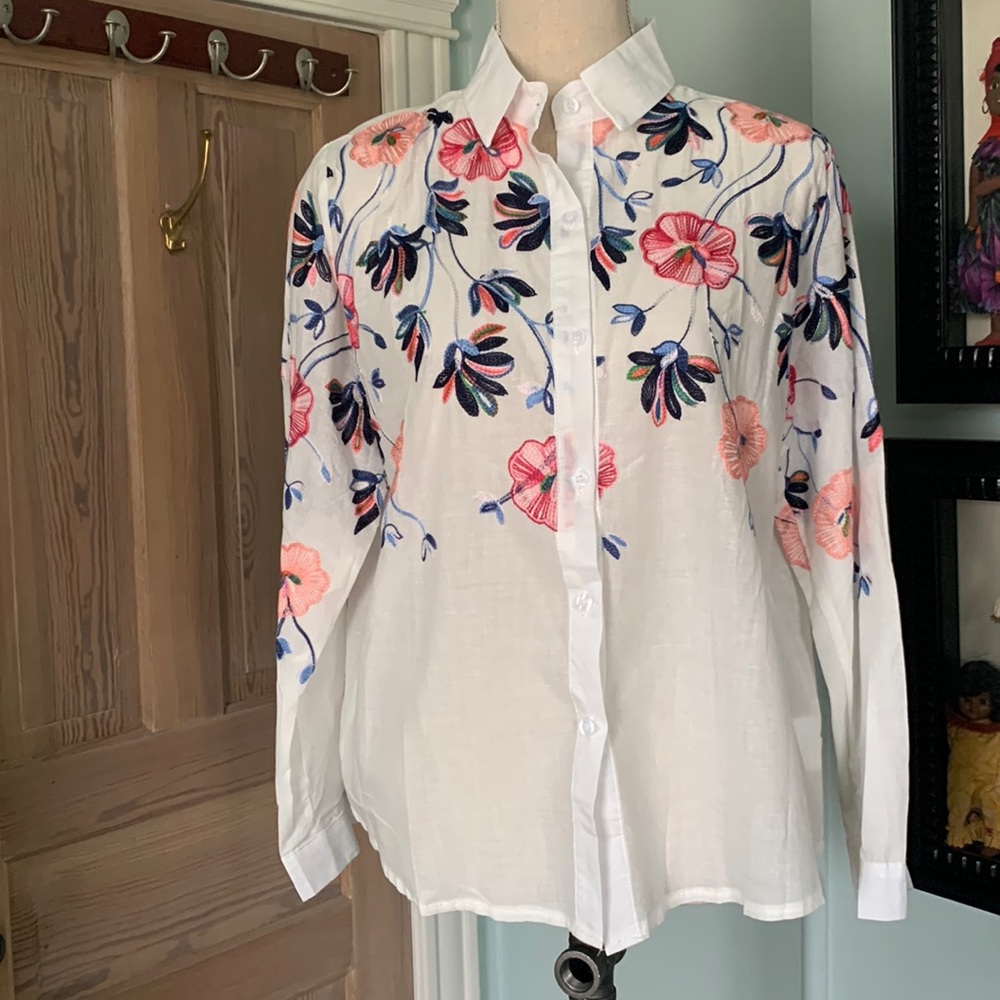 Sheer white blouse with embroidery size L